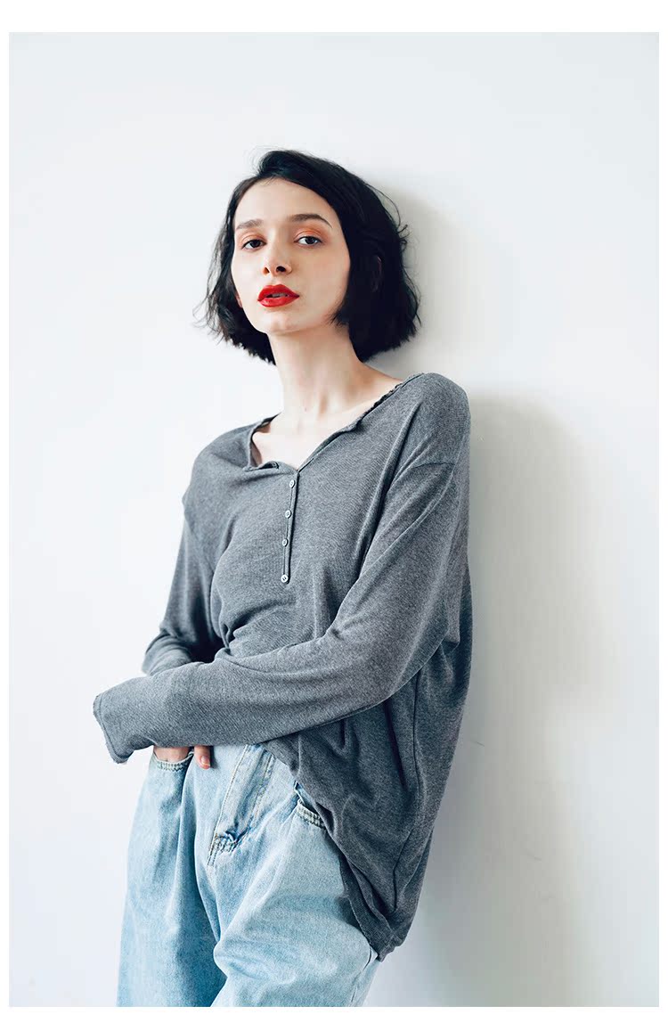 Temperament Knitted Women's Long Sleeve Summer Top Thin Black Grey Women's Loose Casual Sunscreen T-shirt