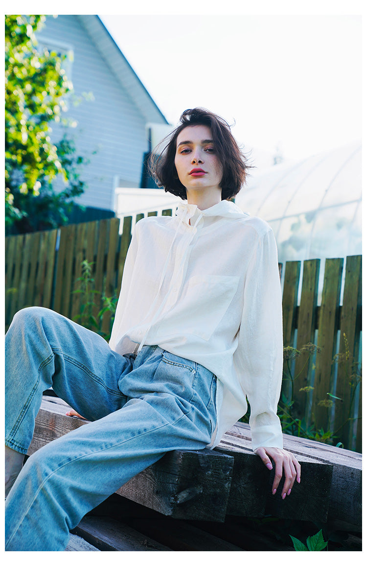 Tencel Linen Hooded Shirt for Women, Unique Design, White Loose-Fit Stylish Shirt for Women, New Autumn Long Sleeve