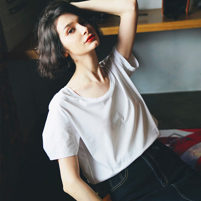 Silk cotton short sleeved women's summer loose and fashionable collarbone top T-shirt