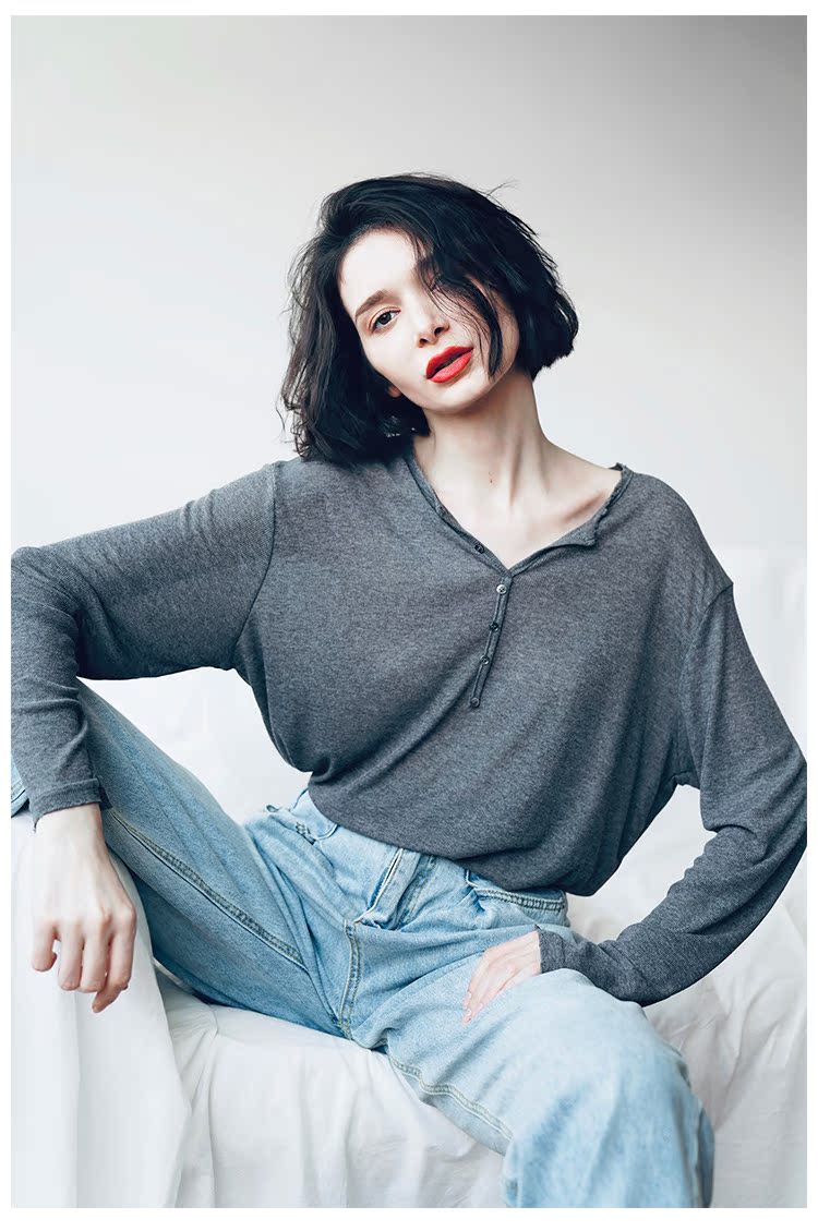 Temperament Knitted Women's Long Sleeve Summer Top Thin Black Grey Women's Loose Casual Sunscreen T-shirt