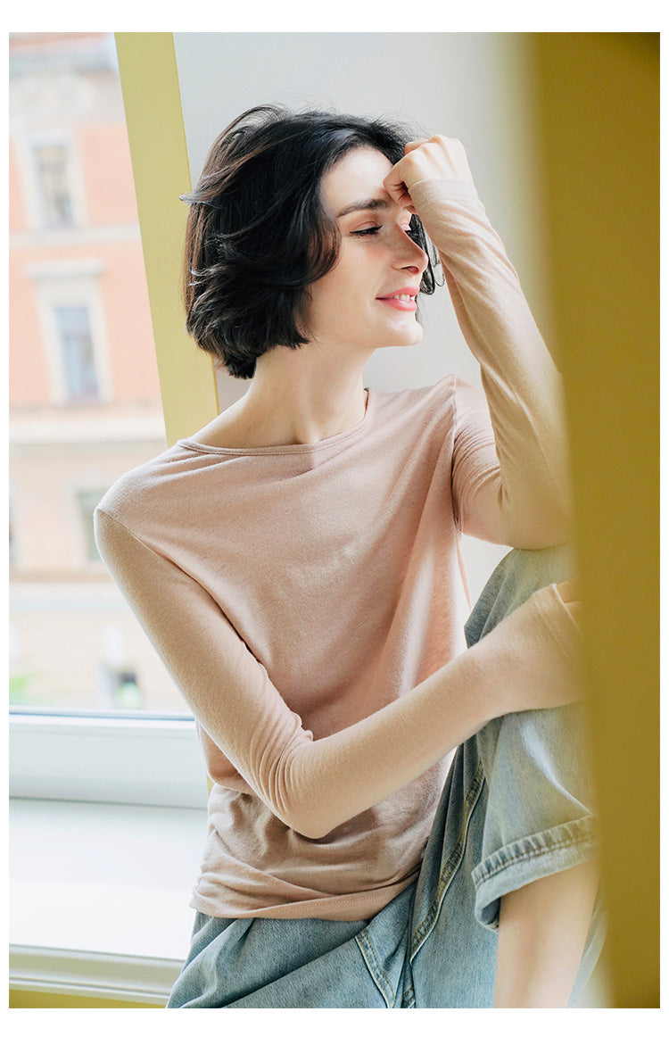 Woolen slim fit t-shirt for women in early, long sleeved knitted base sweater for women, thin cut