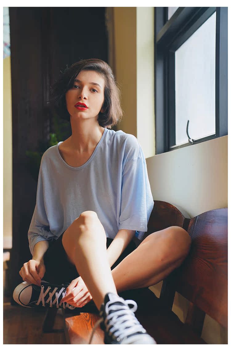 Women's Summer Loose Blue Mid-Length Top  Women's Short Sleeve T-Shirt
