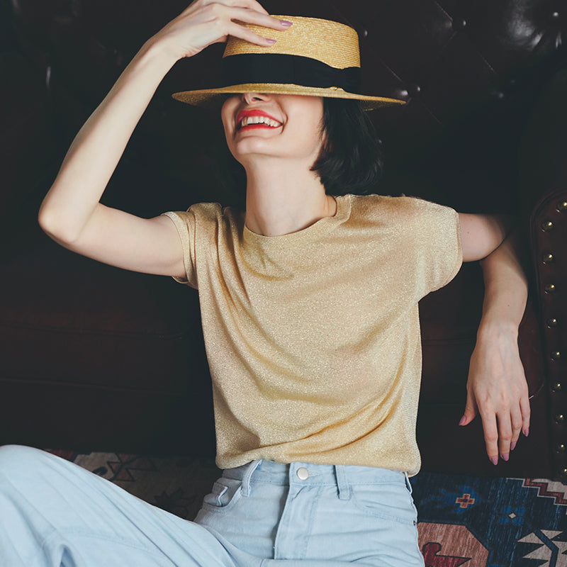 Gold Thread Blend Draped Knit Short Sleeve Women's Elastic Waist Top Summer New Solid Color t Women's Thin T-Shirt