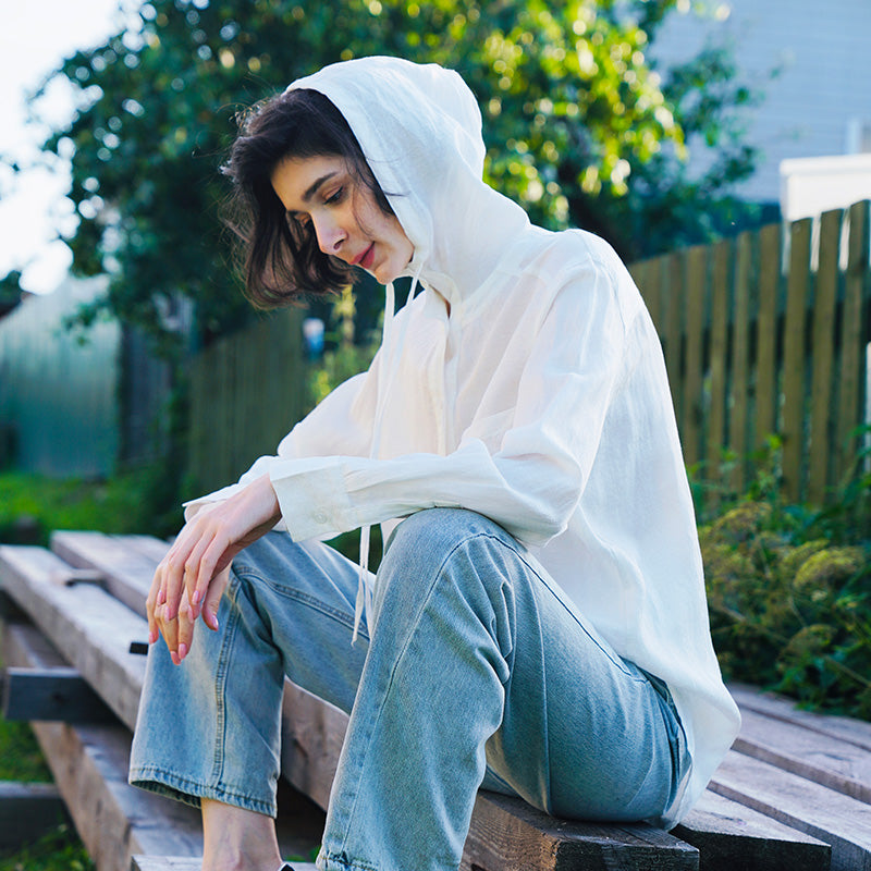 Tencel Linen Hooded Shirt for Women, Unique Design, White Loose-Fit Stylish Shirt for Women, New Autumn Long Sleeve