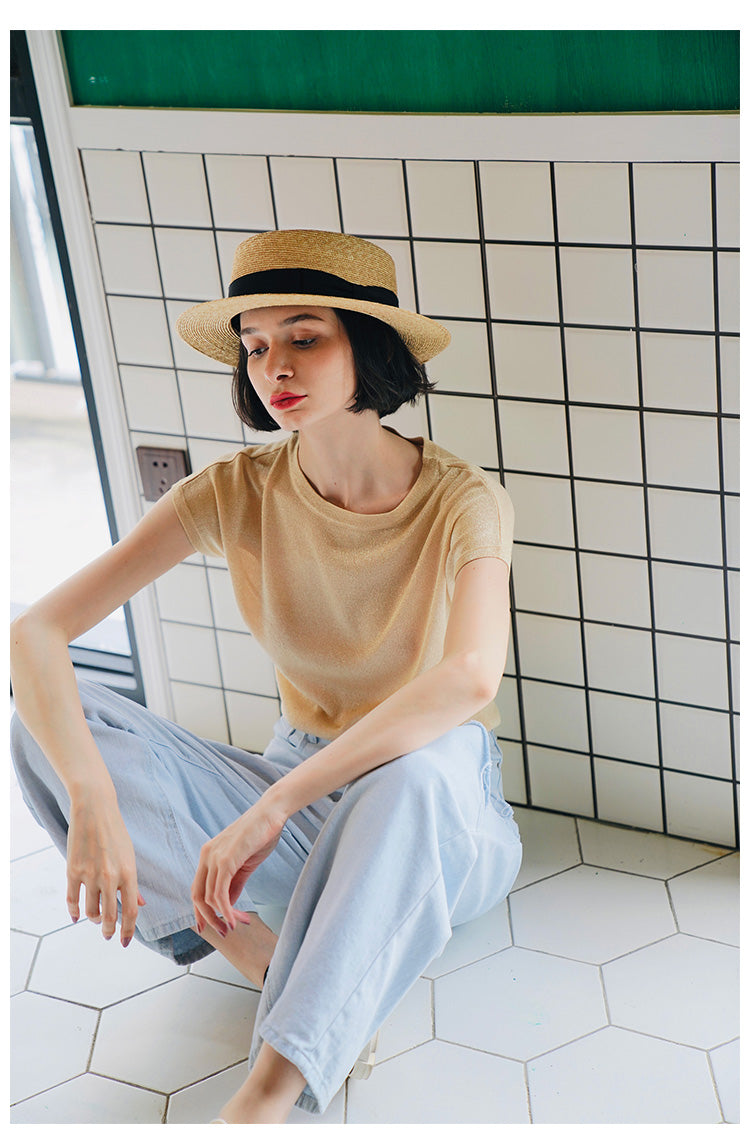 Gold Thread Blend Draped Knit Short Sleeve Women's Elastic Waist Top Summer New Solid Color t Women's Thin T-Shirt