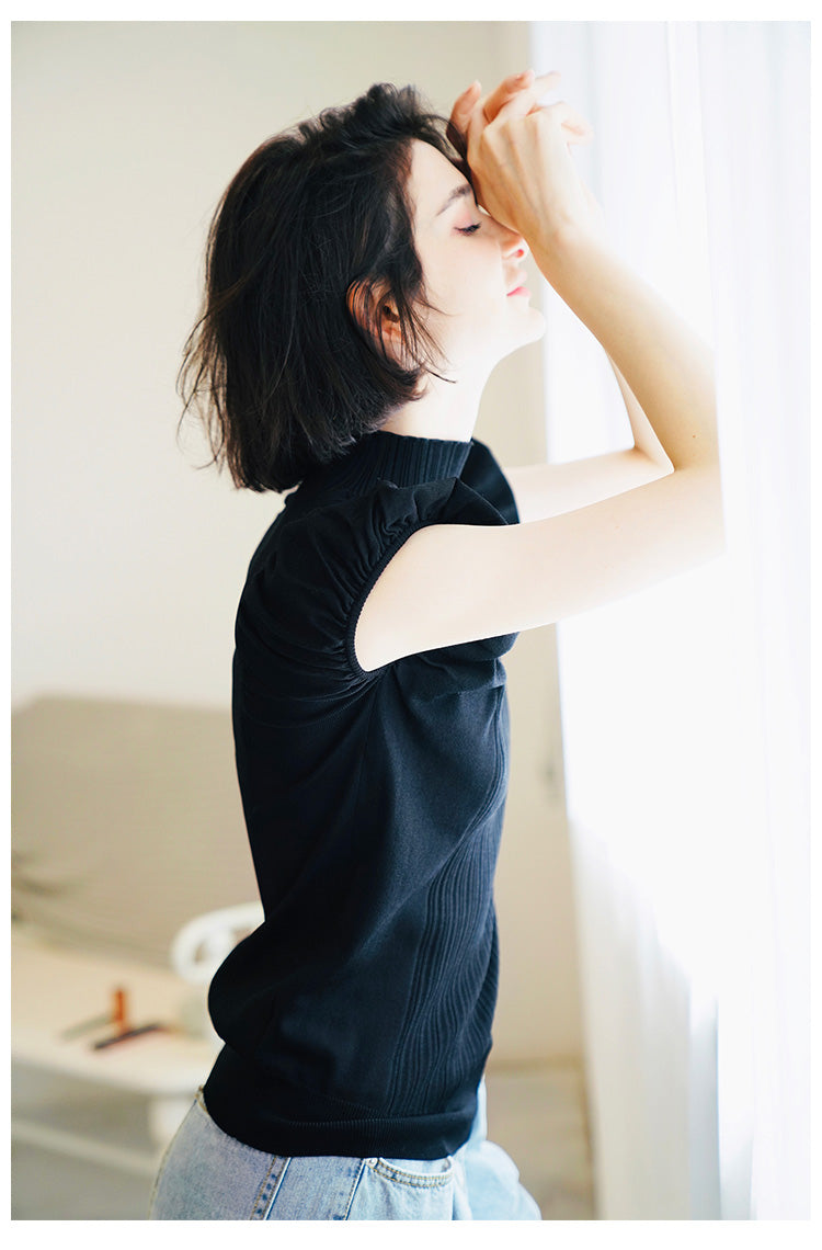 Half Turtleneck Knitted Autumn Top for Women Versatile Stylish Puff Sleeve Early Autumn Knitwear Short Sleeve Pullover Blouse