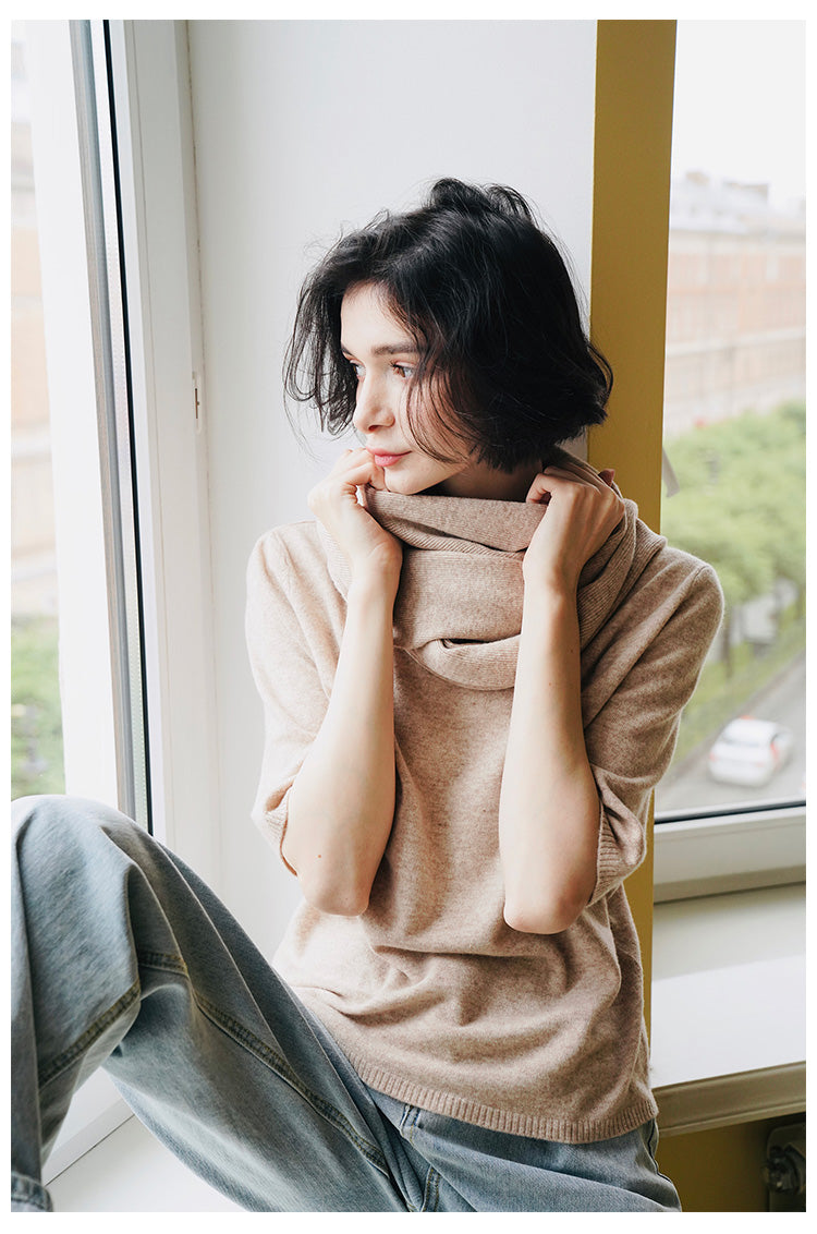 Merino Wool Autumn Women's New Loose Pullover Knitted Top Early Autumn Knitted Sweater Women's Short Sleeve with Scarf