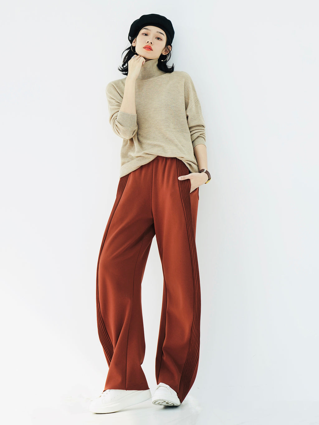 High-Waist Banana Silhouette Trousers - Orange