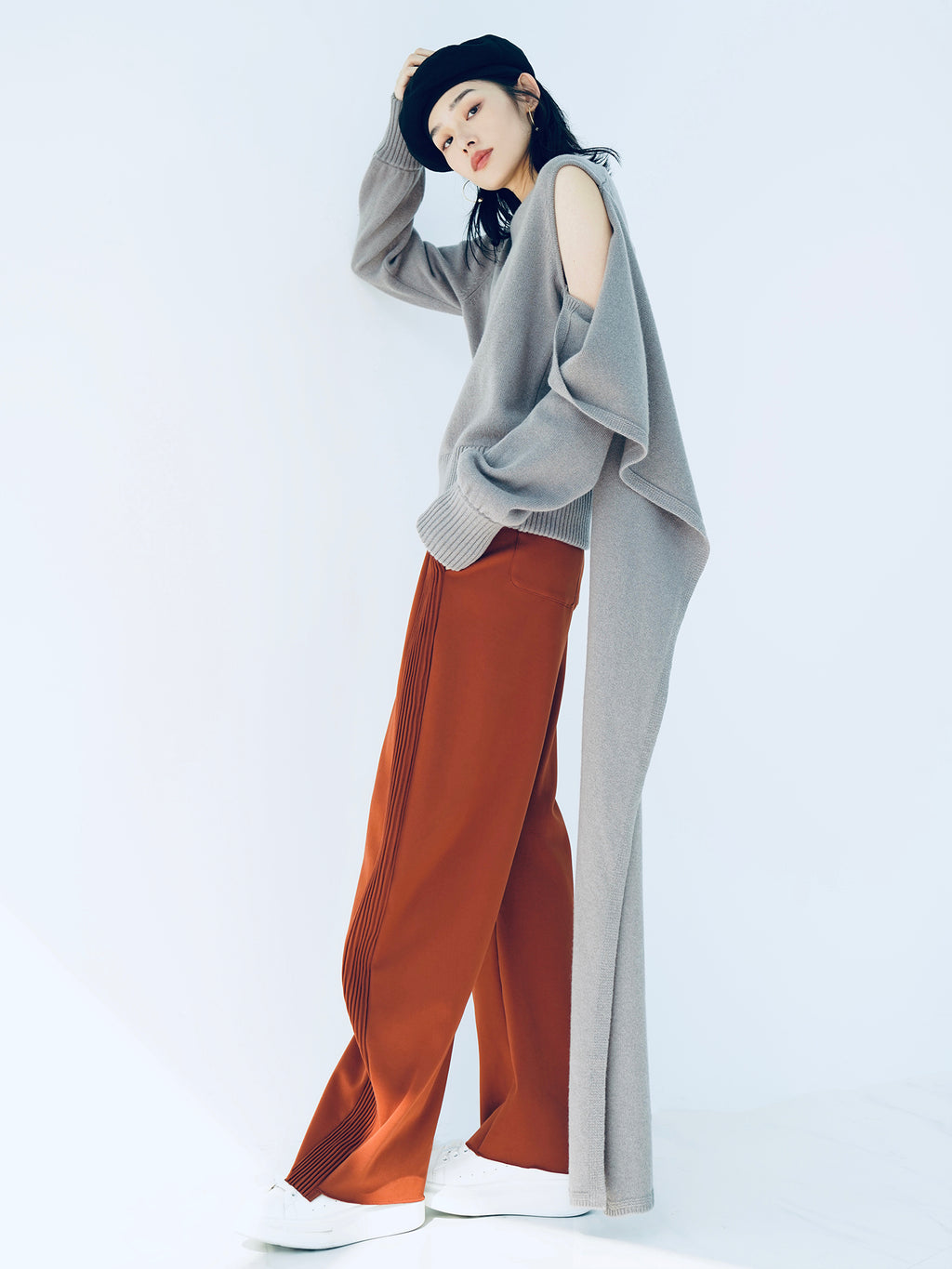 High-Waist Banana Silhouette Trousers - Orange