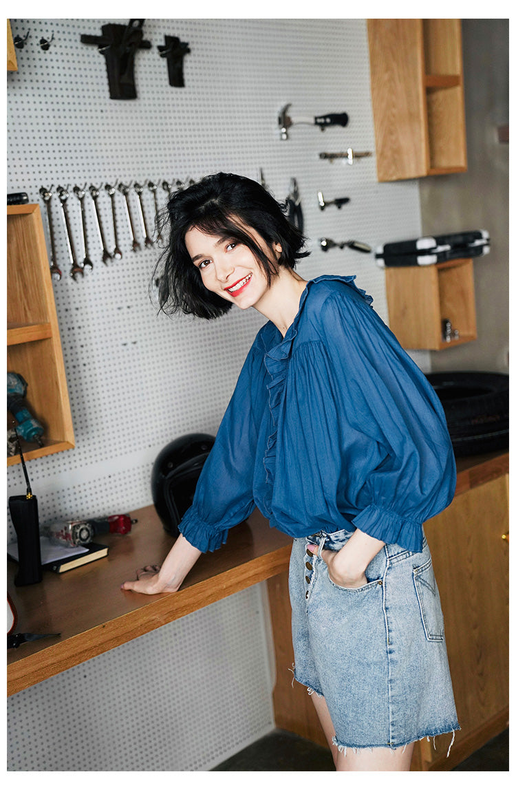 Ruffled Pleated Linen Top with Unique Design for Women, Doll Shirt, Sun Protection Shirt for Women Summer Style with a Western Touch