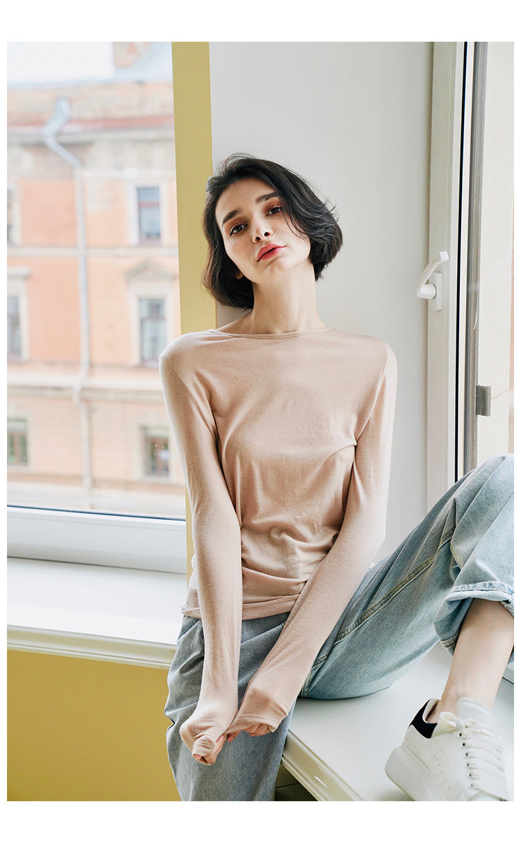 Woolen slim fit t-shirt for women in early, long sleeved knitted base sweater for women, thin cut