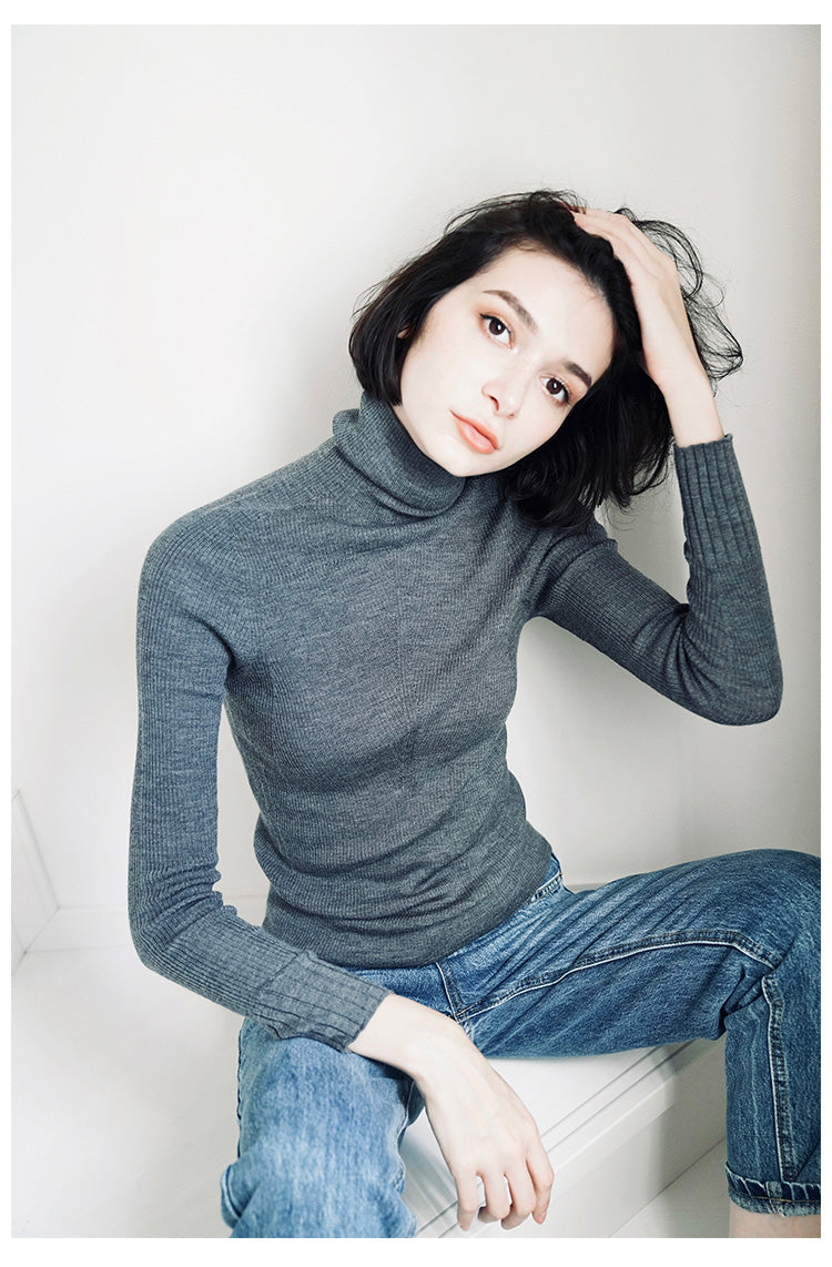 Wool Long Sleeve Thin Knitted Pullover Women's High Neck Slim Fit Base Shirt Inner Wear