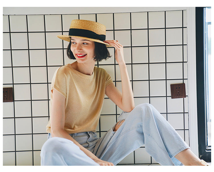 Gold Thread Blend Draped Knit Short Sleeve Women's Elastic Waist Top Summer New Solid Color t Women's Thin T-Shirt