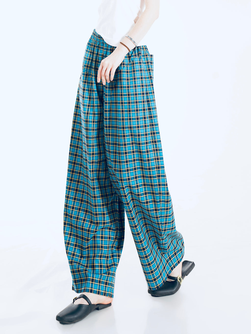 Classic British Plaid Wide-Leg Pants - Blue Grid