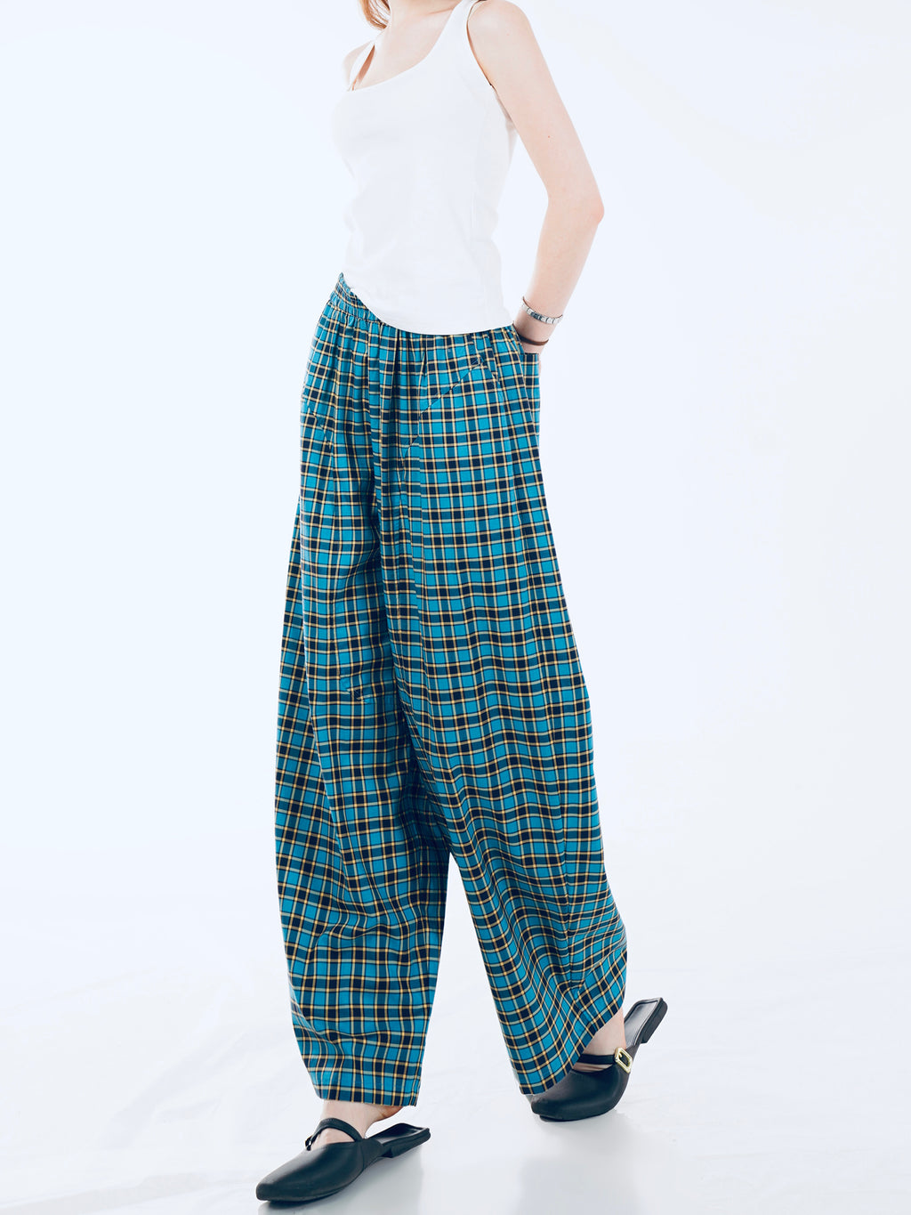 Classic British Plaid Wide-Leg Pants - Blue Grid