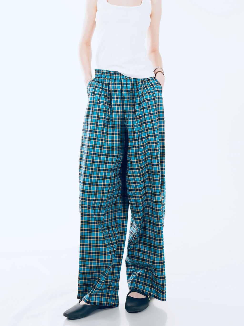 Classic British Plaid Wide-Leg Pants - Blue Grid