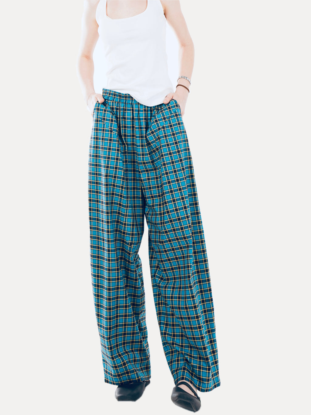 Classic British Plaid Wide-Leg Pants - Blue Grid