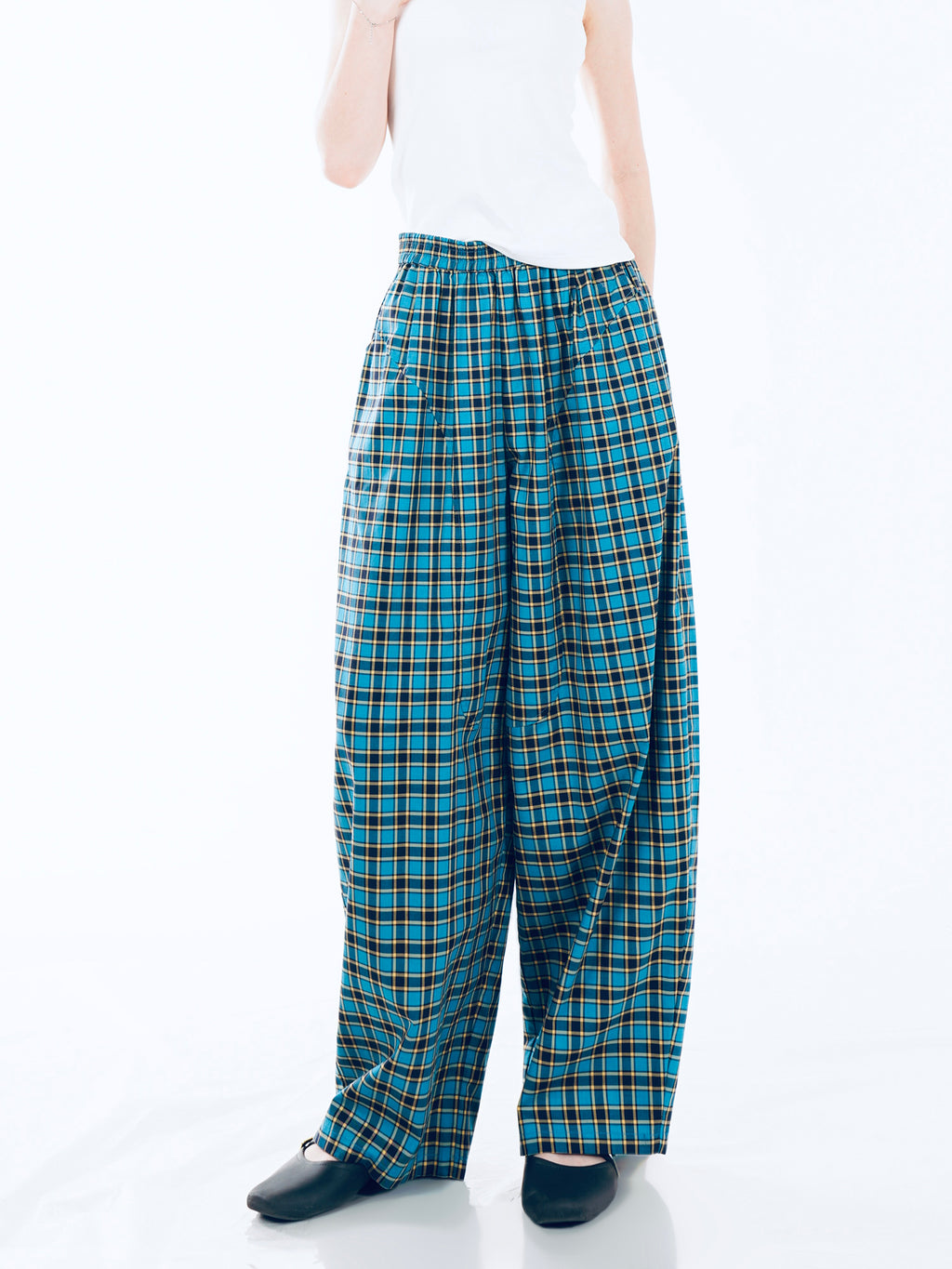 Classic British Plaid Wide-Leg Pants - Blue Grid