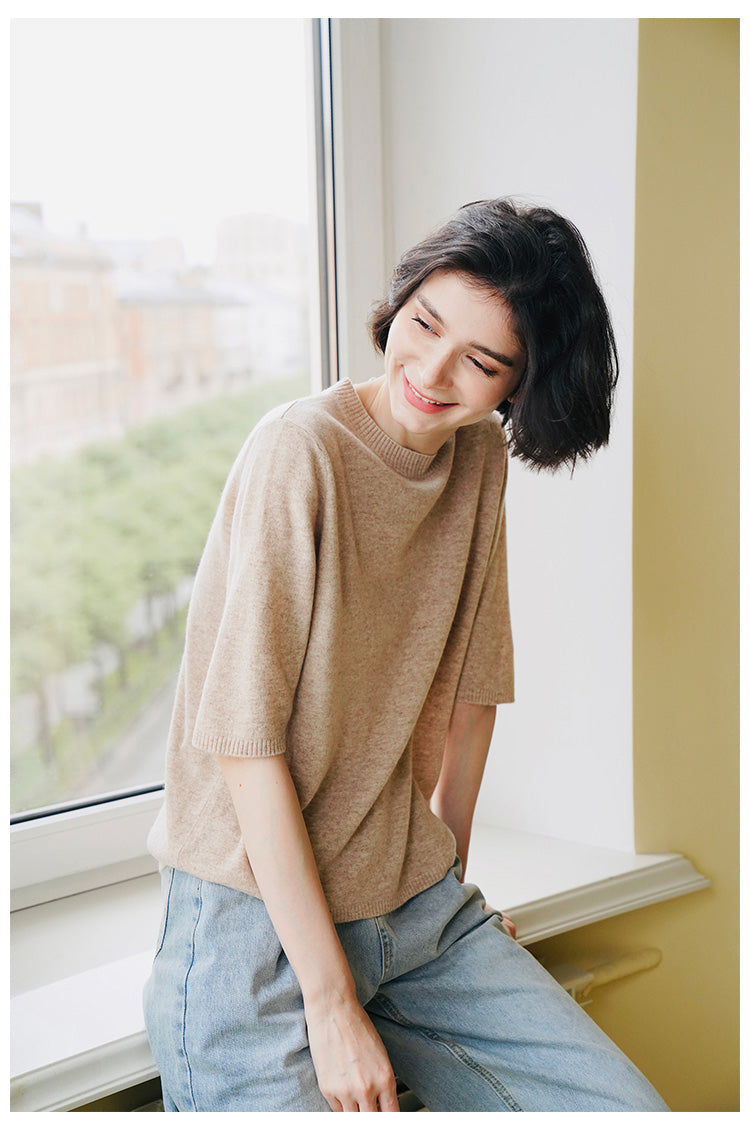 Merino Wool Autumn Women's New Loose Pullover Knitted Top Early Autumn Knitted Sweater Women's Short Sleeve with Scarf