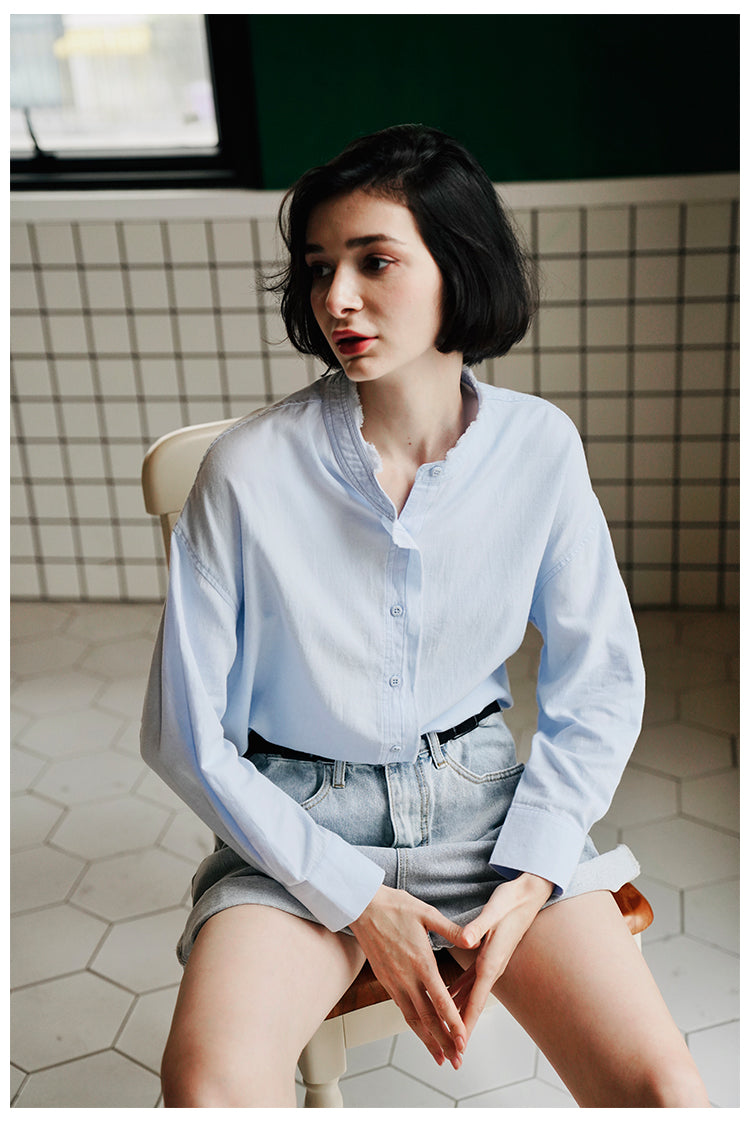 Women's Stand Collar Shirt, Pure Cotton Shirt, Unique Design, Stylish Top