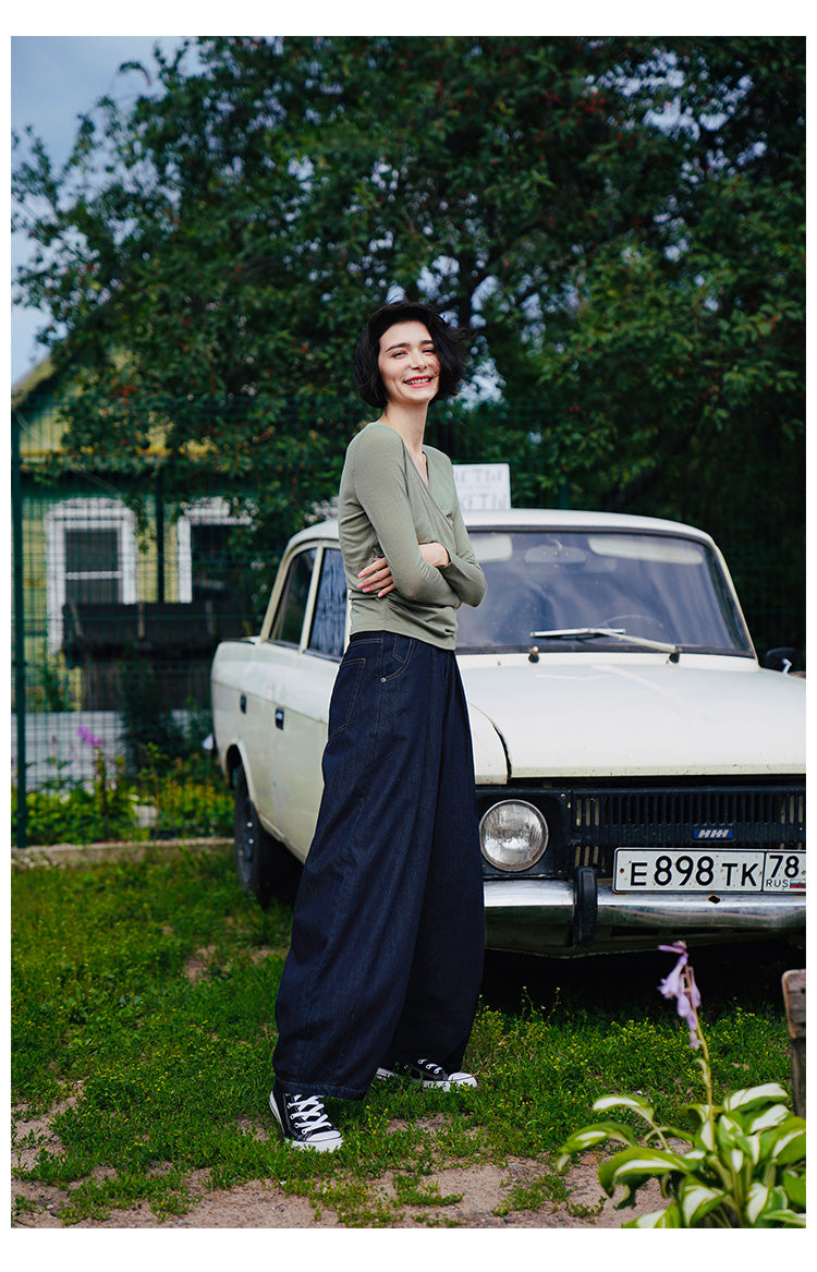 Design Sense and Elegance V Cross Collar Top Solid Color Ruched Slim Waist Women's Long Sleeve T-Shirt