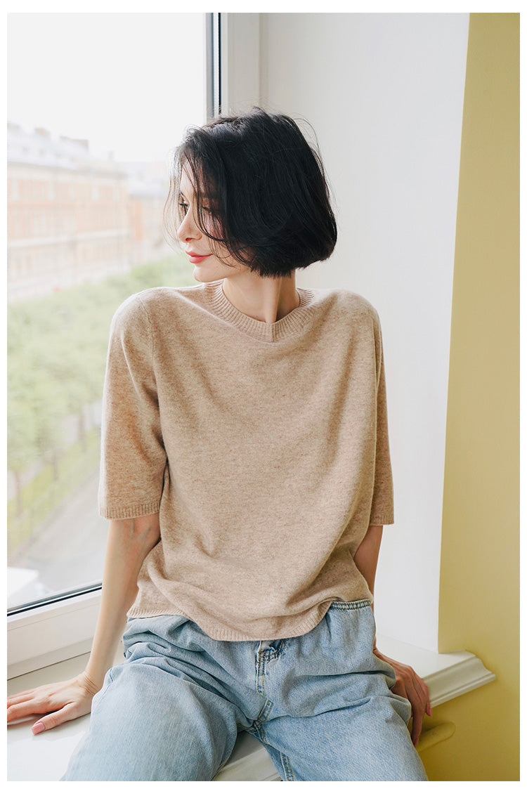 Merino Wool Autumn Women's New Loose Pullover Knitted Top Early Autumn Knitted Sweater Women's Short Sleeve with Scarf