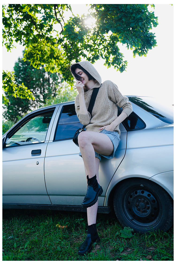 Women's Hooded Pullover Loose Fit  Knitted Top Long Sleeve Sweater