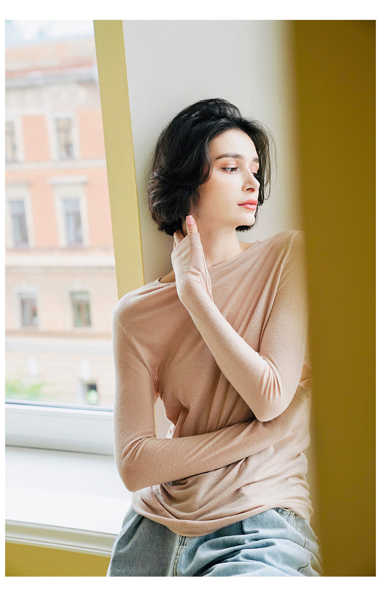 Woolen slim fit t-shirt for women in early, long sleeved knitted base sweater for women, thin cut
