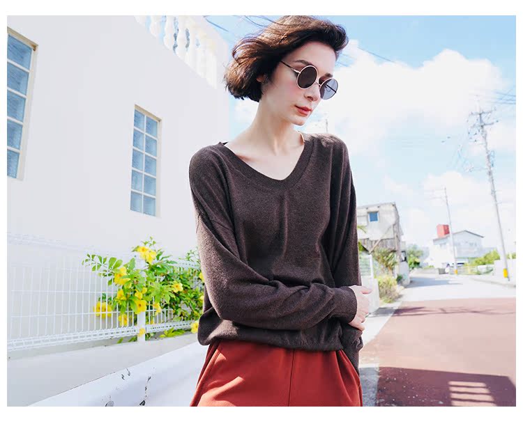 Thin loose cotton wool knitted pullover women's top V-neck undershirt women's knitted top long sleeved