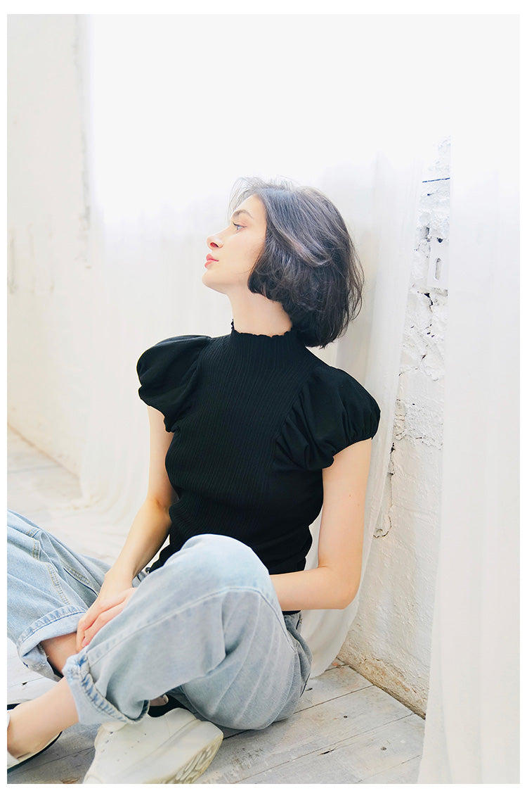 Half Turtleneck Knitted Autumn Top for Women Versatile Stylish Puff Sleeve Early Autumn Knitwear Short Sleeve Pullover Blouse