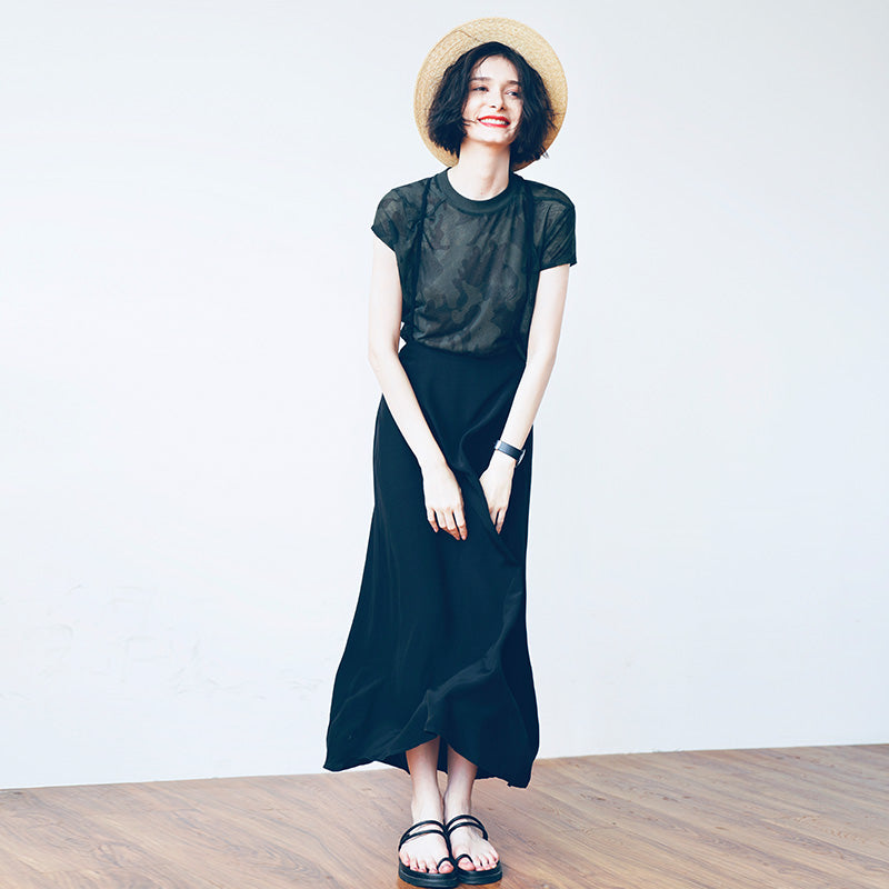 Strap half skirt for women,  half body A-line skirt, high waist black half skirt, women's long style