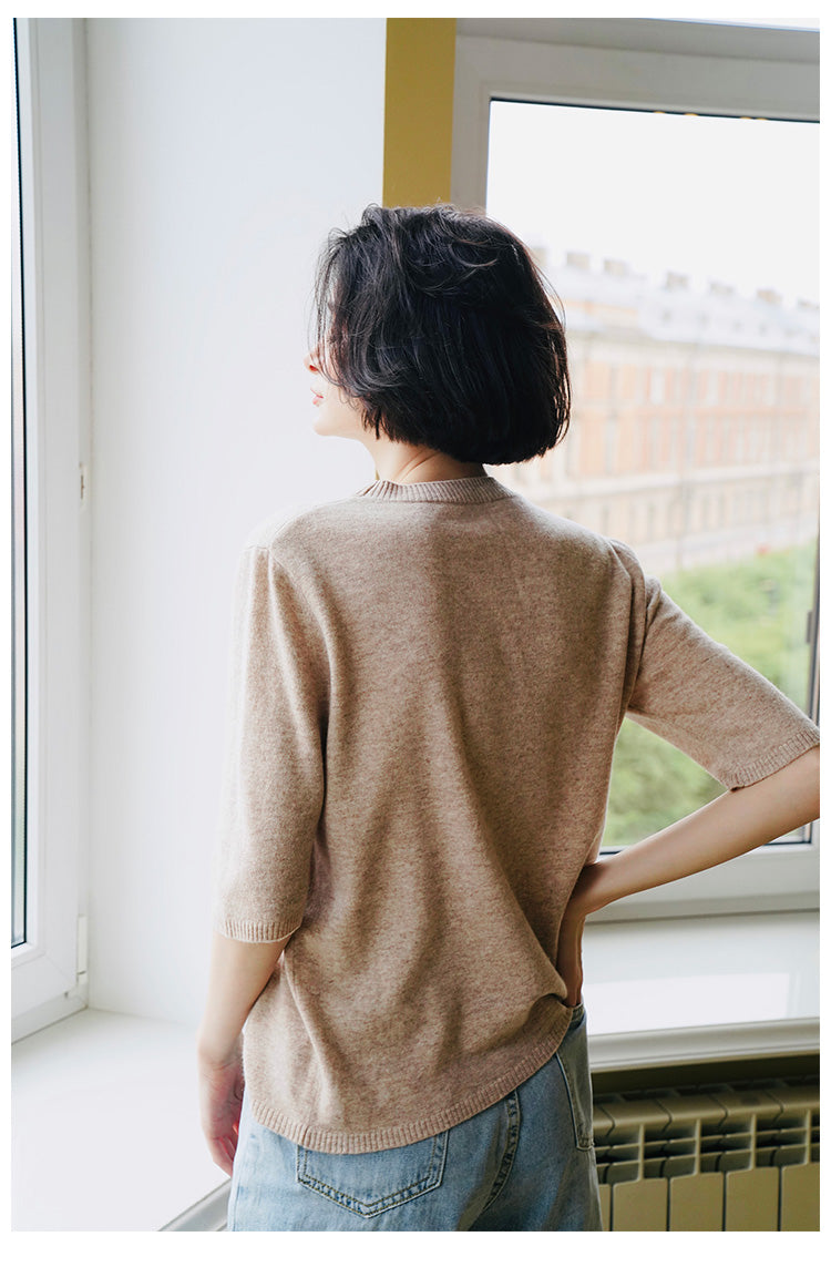 Merino Wool Autumn Women's New Loose Pullover Knitted Top Early Autumn Knitted Sweater Women's Short Sleeve with Scarf