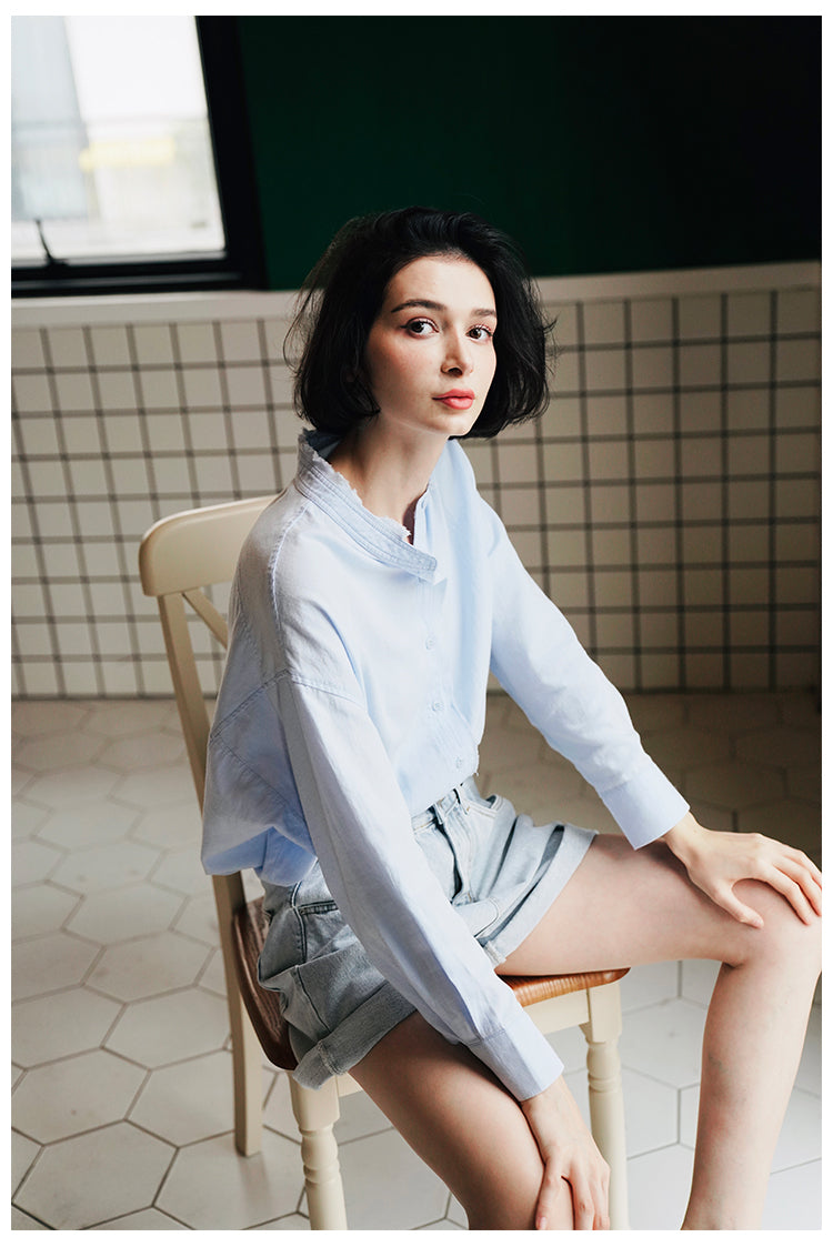 Women's Stand Collar Shirt, Pure Cotton Shirt, Unique Design, Stylish Top