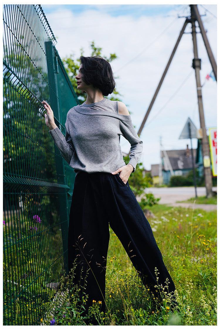 Fake Two-Piece Loose Pullover Knit Sweater Autumn New Women's Round Neck Off-Shoulder Top Early Autumn Knit Pullover Thin