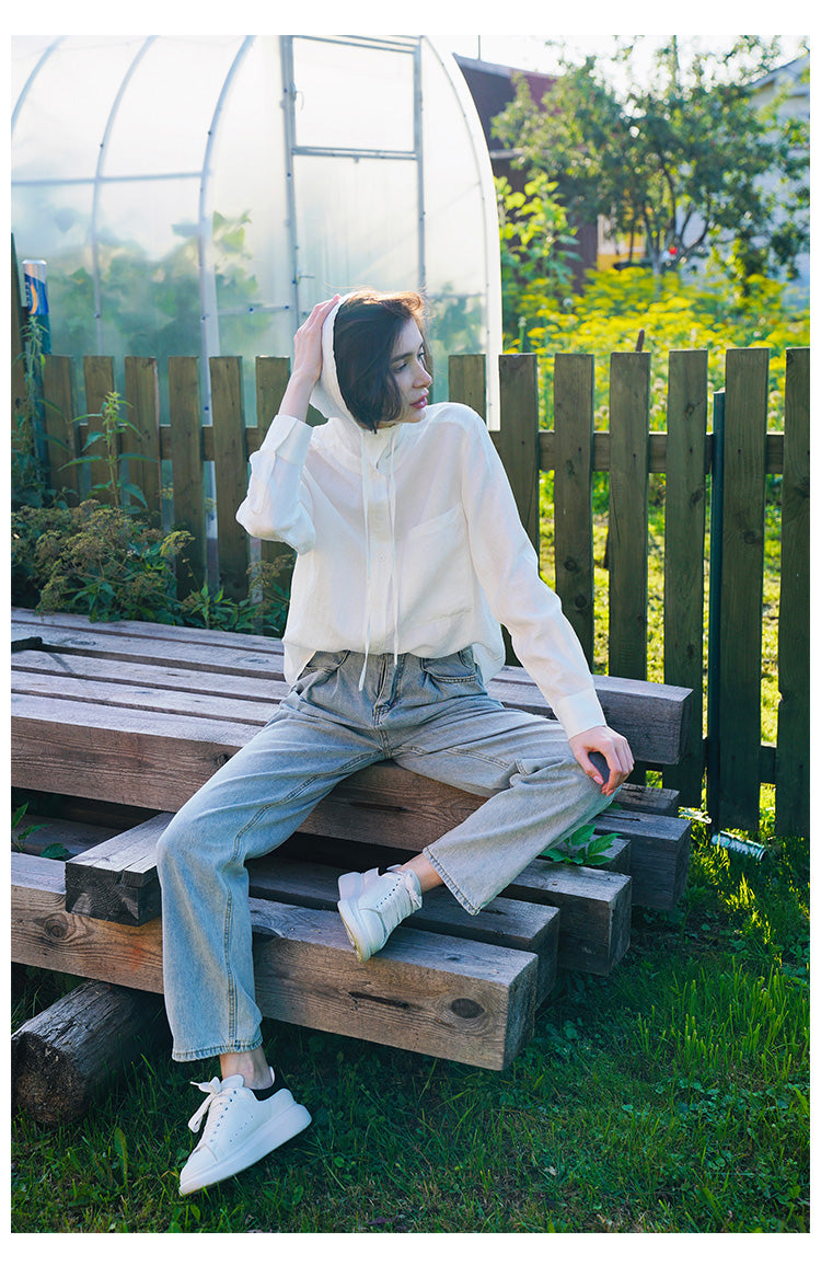 Tencel Linen Hooded Shirt for Women, Unique Design, White Loose-Fit Stylish Shirt for Women, New Autumn Long Sleeve