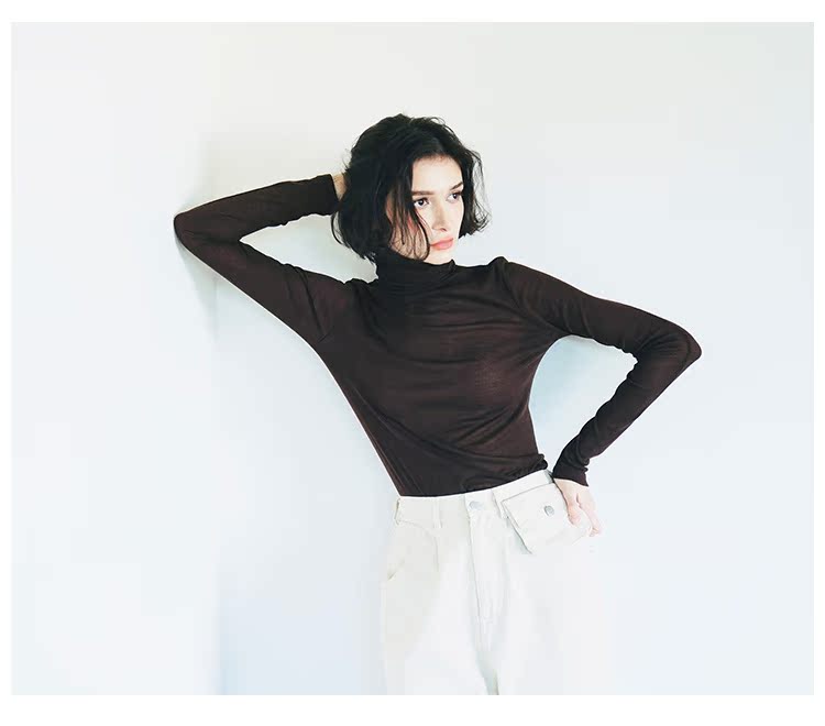 Solid color   high neck base  t-shirt    slim fit top for women  long sleeves