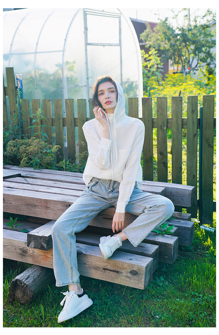 Tencel Linen Hooded Shirt for Women, Unique Design, White Loose-Fit Stylish Shirt for Women, New Autumn Long Sleeve