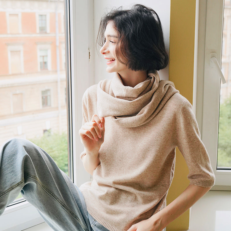 Merino Wool Autumn Women's New Loose Pullover Knitted Top Early Autumn Knitted Sweater Women's Short Sleeve with Scarf