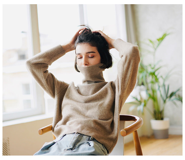 Women's High Neck Knitted Sweater Pullover Winter Top for Women Versatile High Neck Sweater