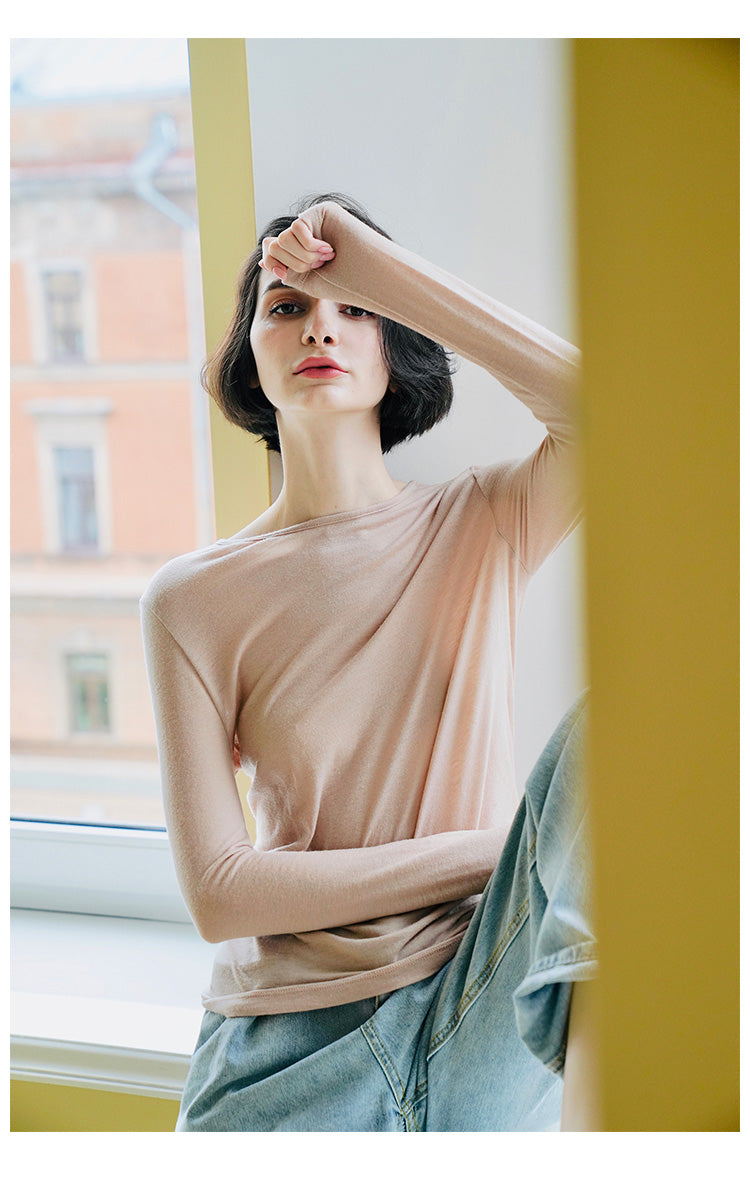 Woolen slim fit t-shirt for women in early, long sleeved knitted base sweater for women, thin cut