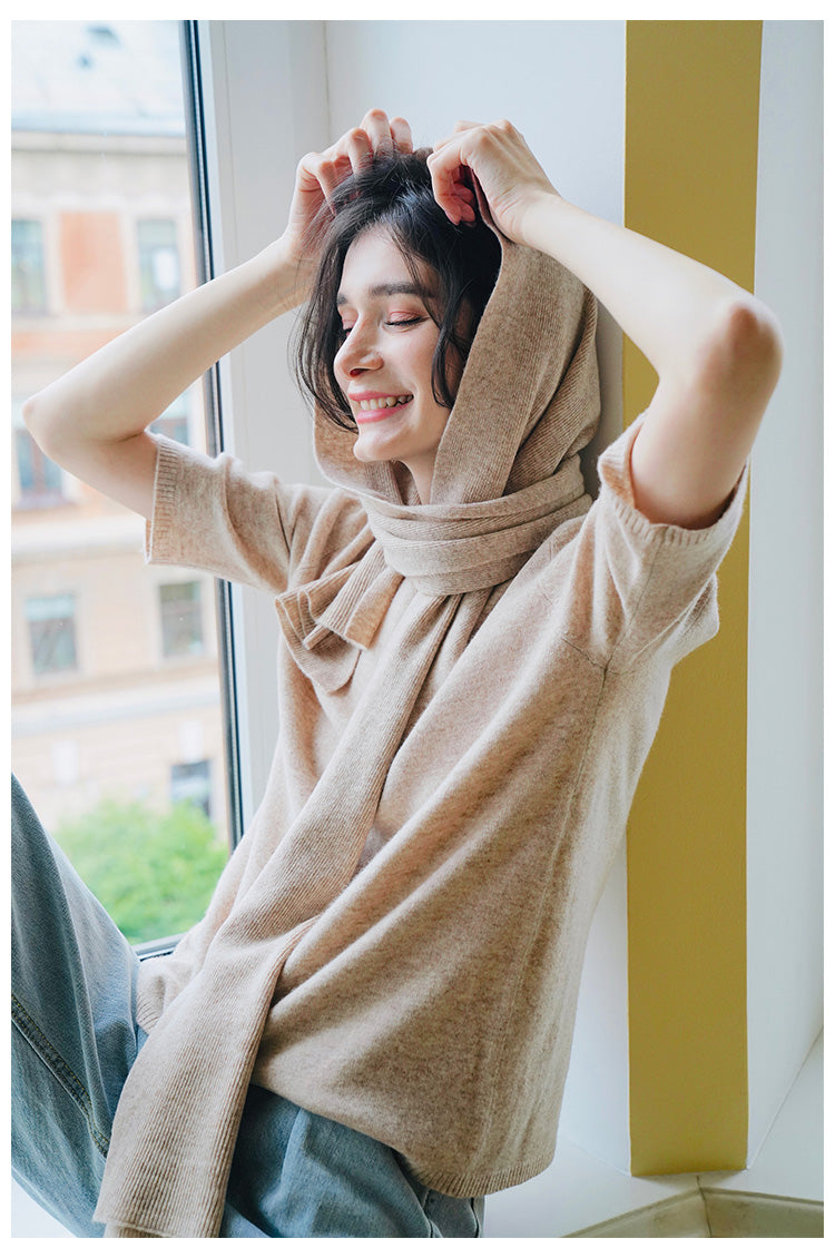 Merino Wool Autumn Women's New Loose Pullover Knitted Top Early Autumn Knitted Sweater Women's Short Sleeve with Scarf