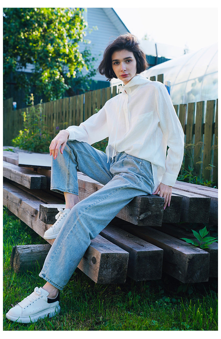 Tencel Linen Hooded Shirt for Women, Unique Design, White Loose-Fit Stylish Shirt for Women, New Autumn Long Sleeve