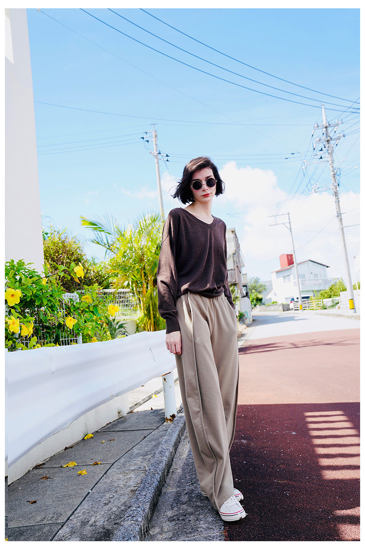 Thin loose cotton wool knitted pullover women's top V-neck undershirt women's knitted top long sleeved