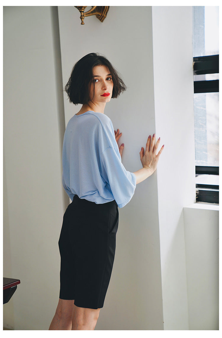 Women's Summer Loose Blue Mid-Length Top  Women's Short Sleeve T-Shirt