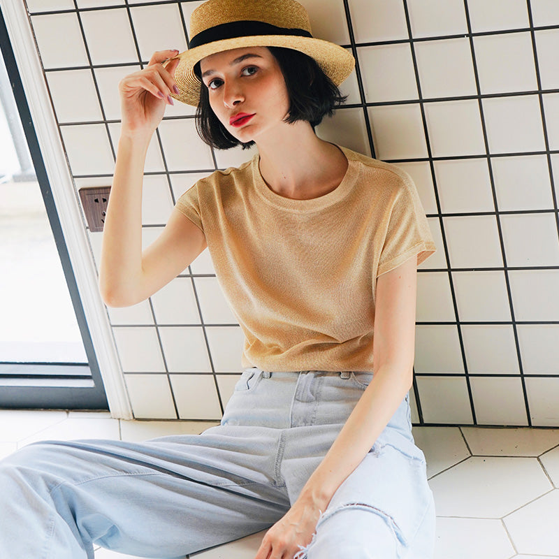 Gold Thread Blend Draped Knit Short Sleeve Women's Elastic Waist Top Summer New Solid Color t Women's Thin T-Shirt