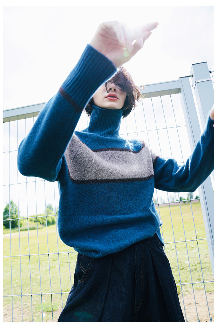 High neck women's sweater, inner outfit, color blocked wool sweater, women's sweater, women's western-style base coat, women's autumn and winter