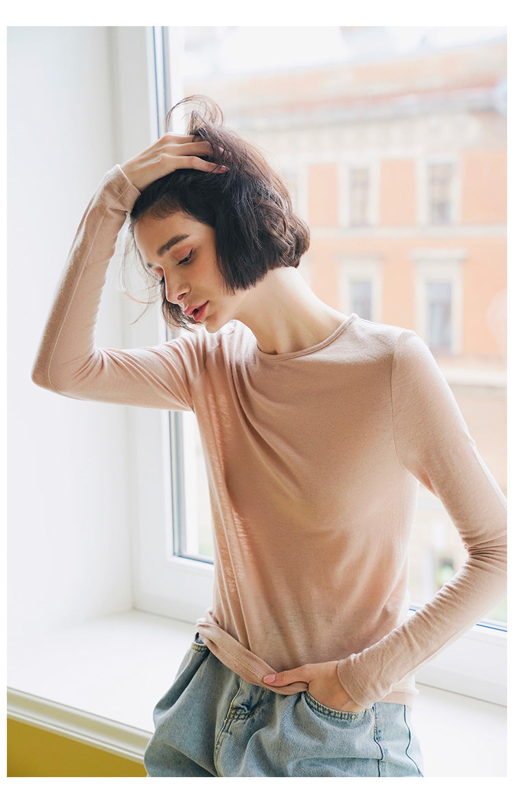 Woolen slim fit t-shirt for women in early, long sleeved knitted base sweater for women, thin cut