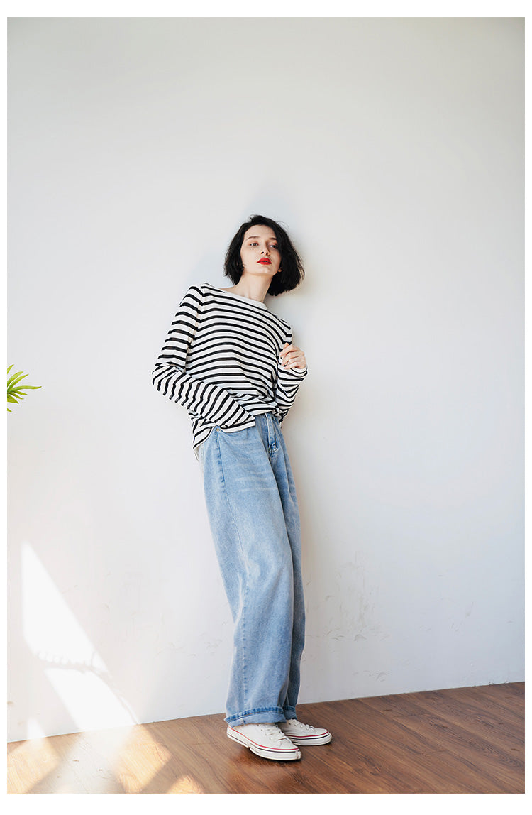 Knitted black and white striped T-shirt for women, casual, loose, fashionable, long sleeved top, trendy