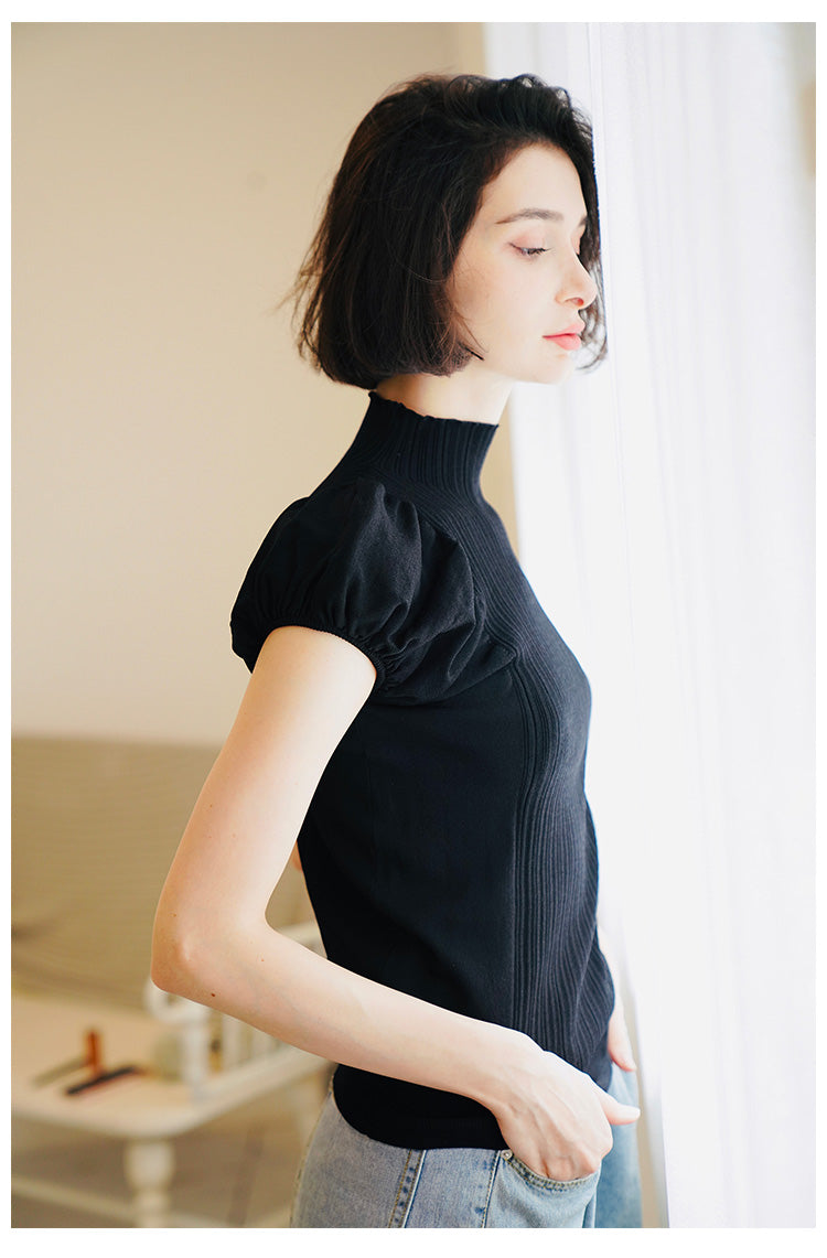 Half Turtleneck Knitted Autumn Top for Women Versatile Stylish Puff Sleeve Early Autumn Knitwear Short Sleeve Pullover Blouse