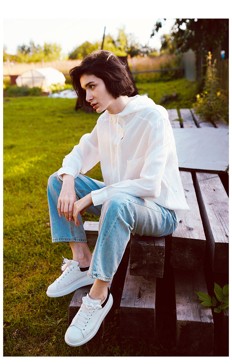 Tencel Linen Hooded Shirt for Women, Unique Design, White Loose-Fit Stylish Shirt for Women, New Autumn Long Sleeve